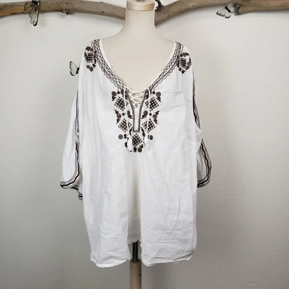 Roaman's bono white blouse with brown embroidery